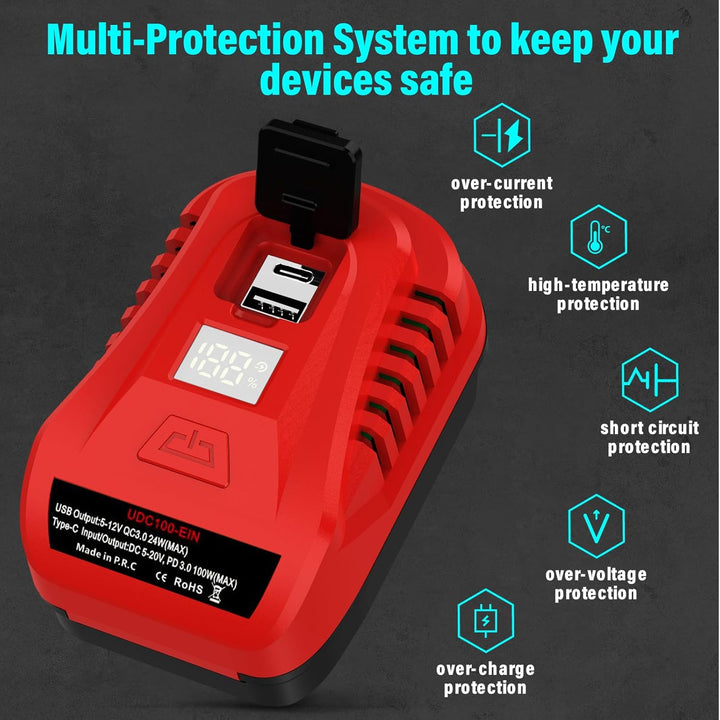 【Verbessert】 100W für Einhell PXC 18V Akku Ladegerät Adapter, TEPULAS USB Handyladegerät Stromquelle