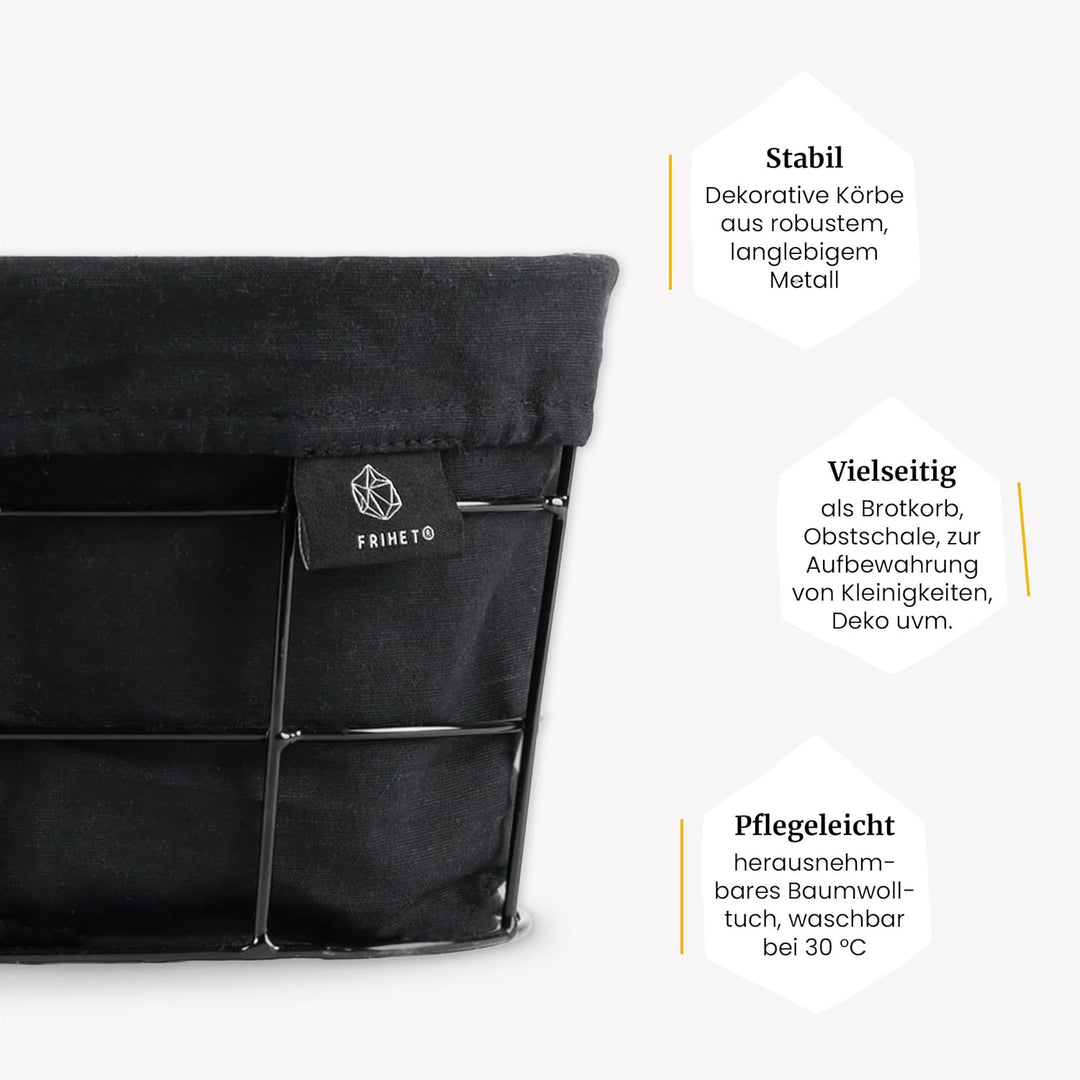 FRIHET 2-in-1 Brotkorb & Obstschale - Metall - waschbare Einlage aus 100% Baumwolle - oval - schwarz