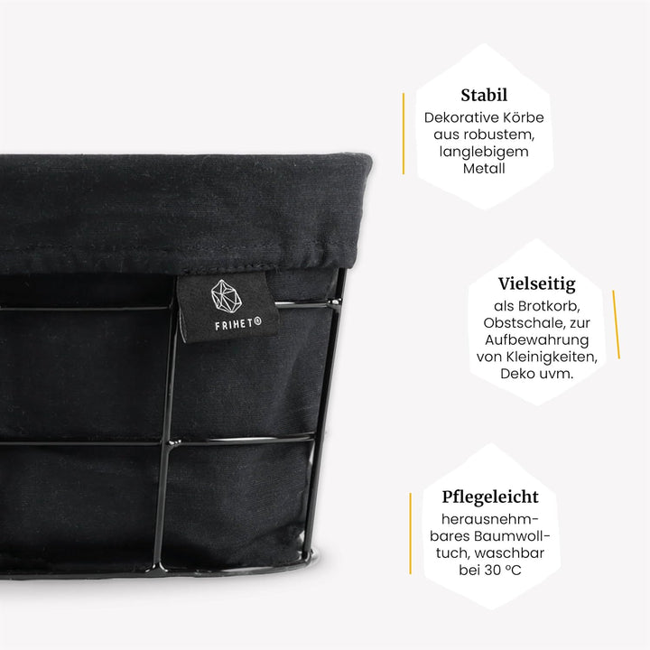 FRIHET 2-in-1 Brotkorb & Obstschale - Metall - waschbare Einlage aus 100% Baumwolle - oval - schwarz