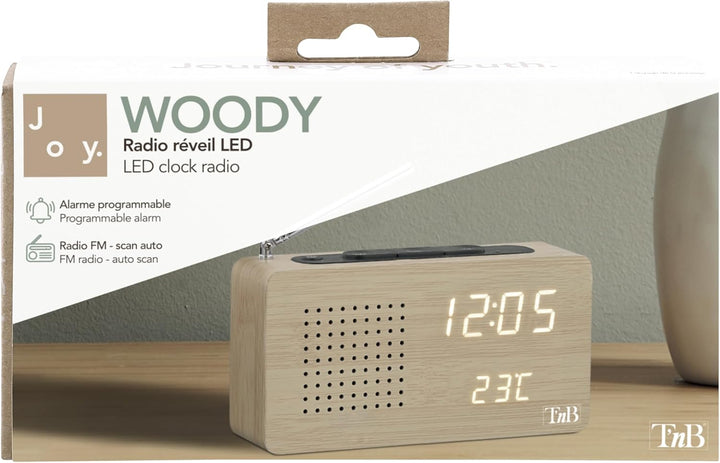 T'nB Woody Digitaler Radiowecker, 1 programmierbarer Alarm, FM-Radio mit automatischem Scan, Tempera
