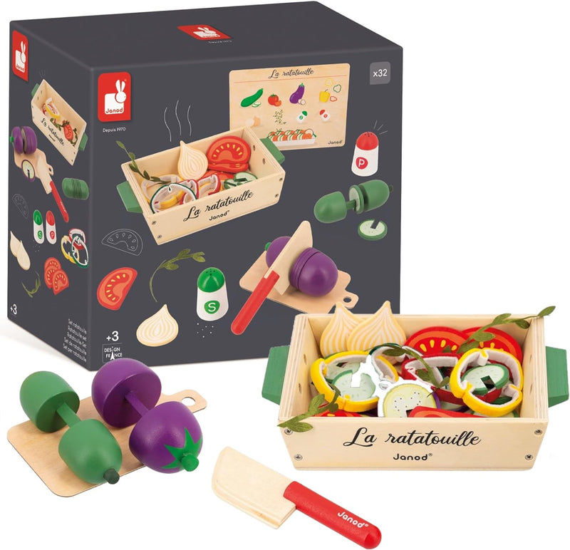 Janod Janod-Ratatouille-Spielset-32 Küchenzubehörteile-Rezept + Utensilien + Gemüse-Rollenspielzeug-