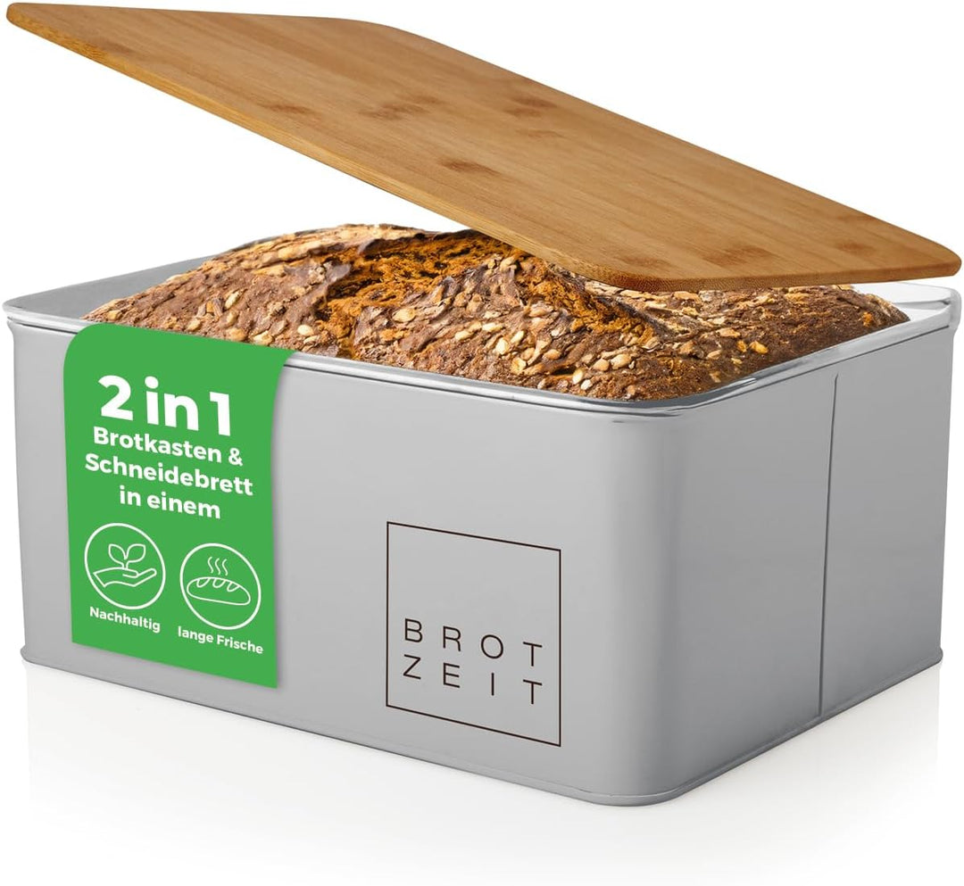 Lumaland Cuisine Brotkasten | Brotdose aus Metall mit Bambus Deckel | Brotbox rechteckig 30,5 x 23,5