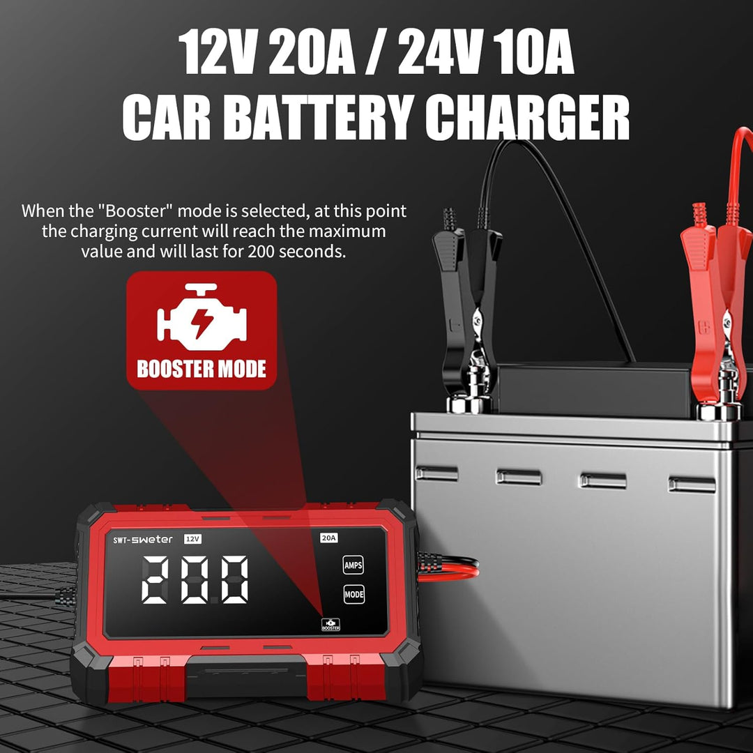 20A Car Battery Charger, 12V/24V Lifepo4 Lead Acid Battery Charger, Upgraded Automobile Smart Trickl