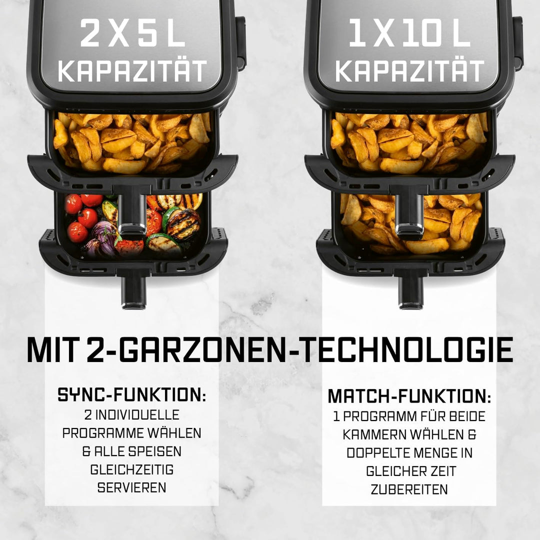GOURMETmaxx FryUp Vertikale Doppelkammer Heissluftfritteuse XXL | Airfryer mit Sichtfenstern & Klapp