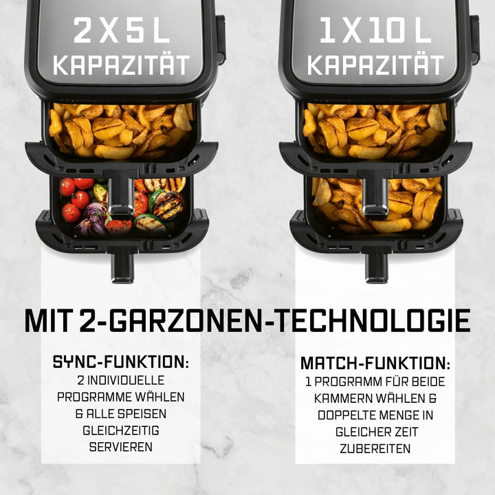 GOURMETmaxx FryUp Vertikale Doppelkammer Heissluftfritteuse XXL | Airfryer mit Sichtfenstern & Klapp