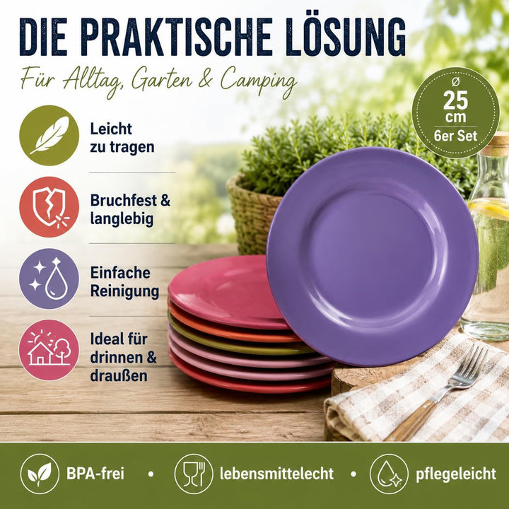 ReWu Melamin Teller 6er Set bunt, Essteller 25 cm | Essteller, BPA-frei, Essteller