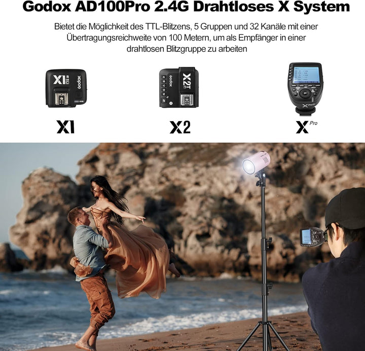 GODOX Pink AD100Pro Kit Strobe Light Photography,100Ws 2.4G Wireless HSS 1/8000s Outdoor Flash Light