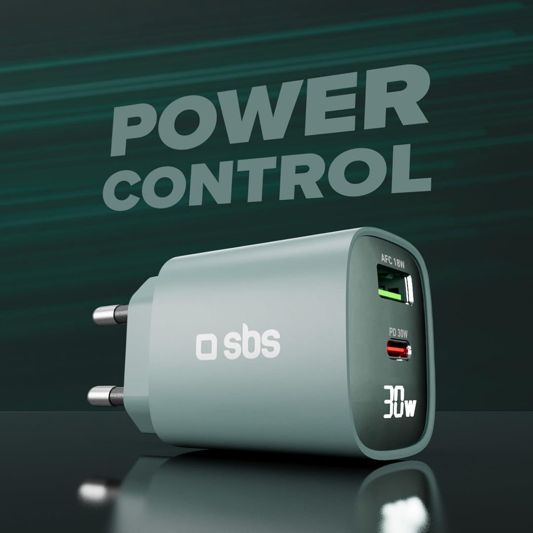 SBS Mehrport-Ladegerät 30W mit LCD, 1 USB-C-Anschluss und 1 USB-A-Anschluss, EU-Stecker, Power Deliv