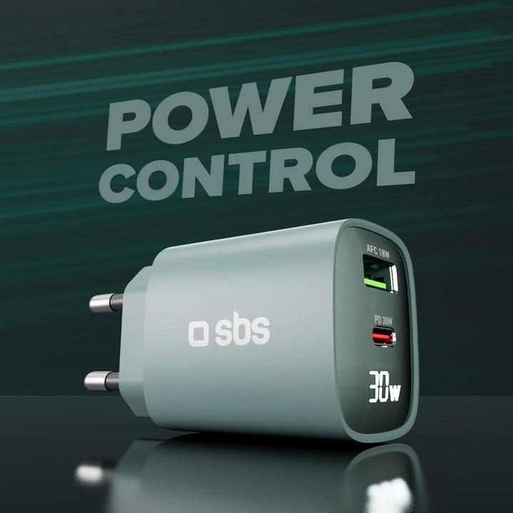 SBS Mehrport-Ladegerät 30W mit LCD, 1 USB-C-Anschluss und 1 USB-A-Anschluss, EU-Stecker, Power Deliv