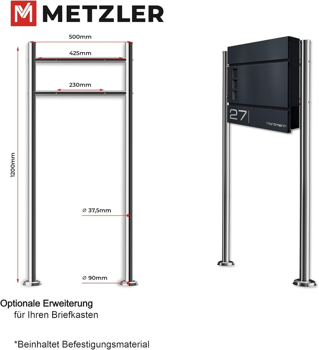 Metzler Briefkasten in Anthrazit RAL 7016 Cube - Name & Hausnummer als Lasergravur - Design Wandbrie