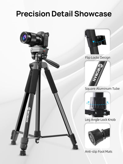 Moman Stativ Kamera, TP71T Aluminium Dreibeinstative mit Kopf 180cm Höhe DSLR Fotostativ Maximale Tr