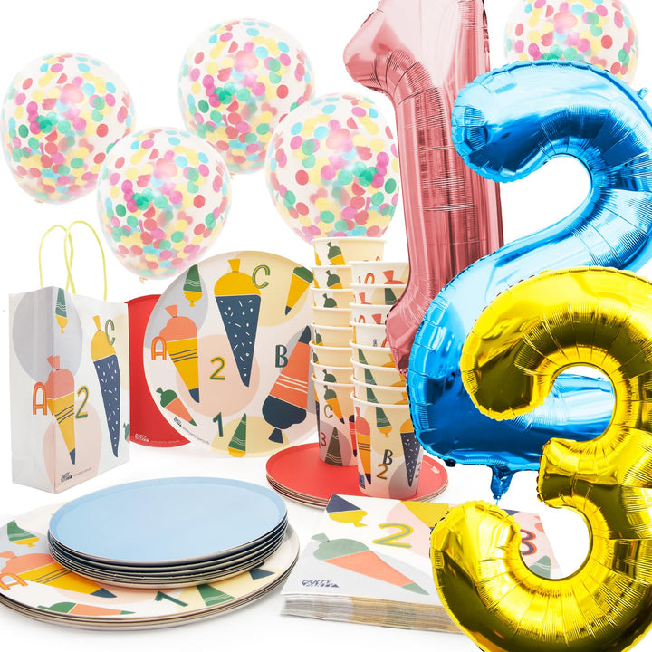 PARTY PARTY 88 Teile Einschulung Deko Set GESCHIRR + GESCHENKTÜTEN + BALLONS Schulanfang 16 Gäste (B