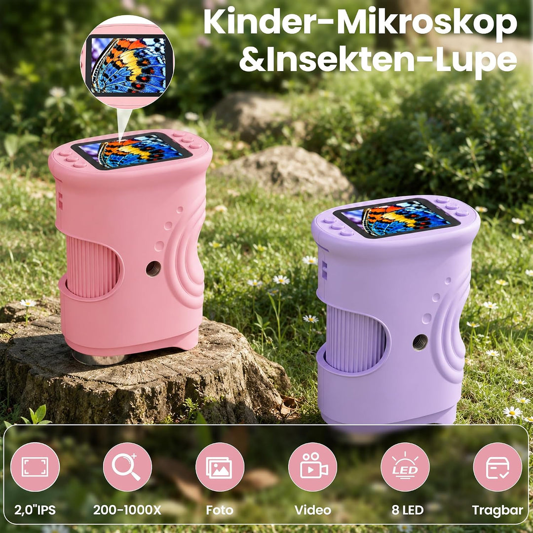 Digitales Mikroskop für Kinder mit 2 Zoll Bildschirm 8 LED Licht Tragbares Taschenmikroskop HD Mini