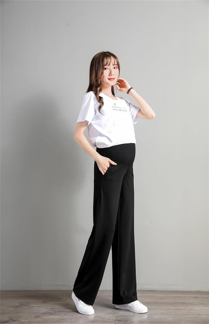 Olamao Umstandshose, schmale Hose mit weitem Bein, Taillenverstellgürtel, modisch, bequem Schwarz S,