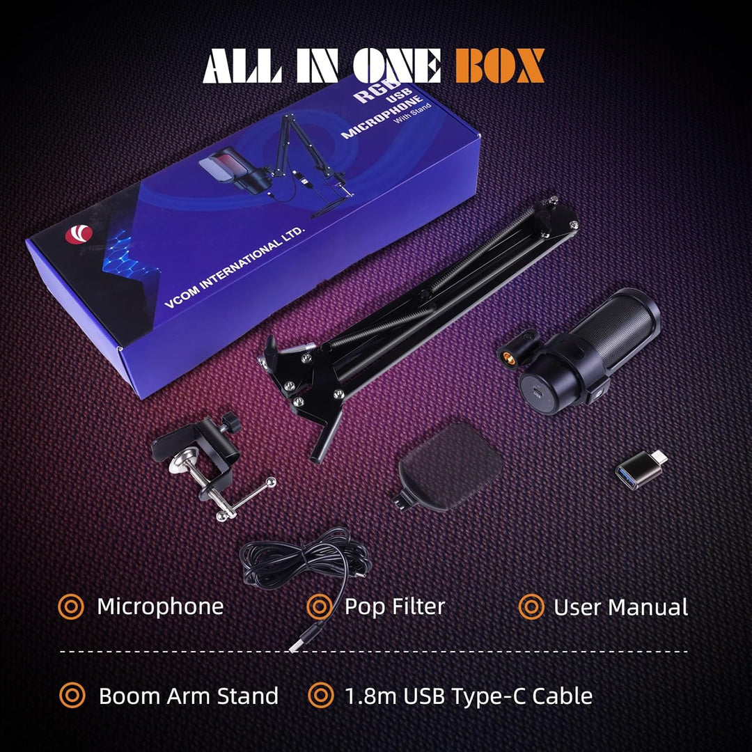 VCOM Gaming Mikrofon mit Arm, USB Microphone Kit mit RGB Modi, Mute, Pop-Filter, PC Mikrofon für Pod