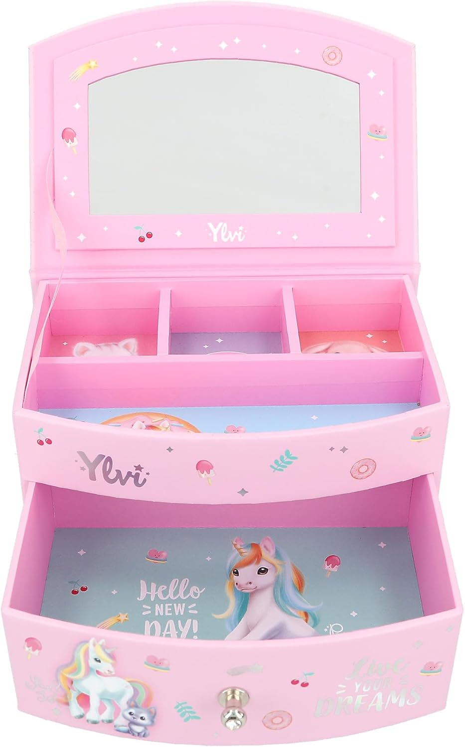 Depesche 13203 Ylvi - Kleines Schmuckkästchen in Pink, mit Einhorn Motiv und Muster, Schmuckbox mit