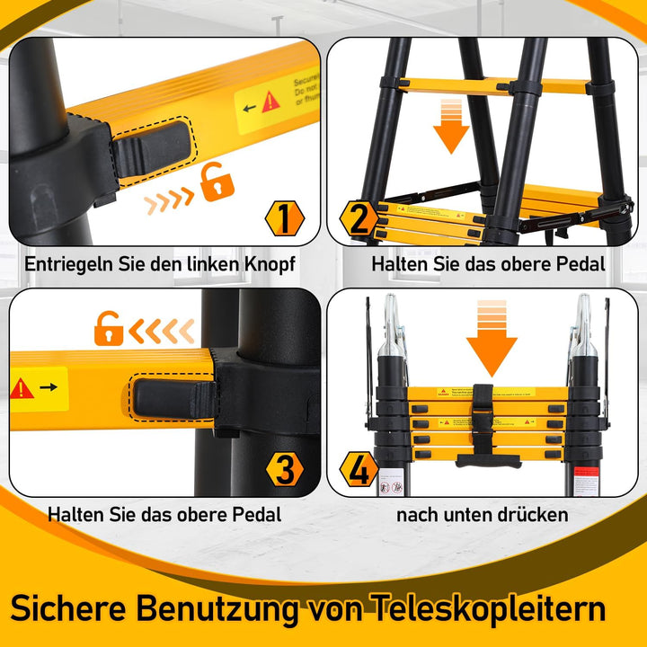 Eulenke teleskopleiter klappleiter 1,9M+1,9M Aluleiter 6+6 Stufen Stehleiter Klappleiter, 150 kg Bel