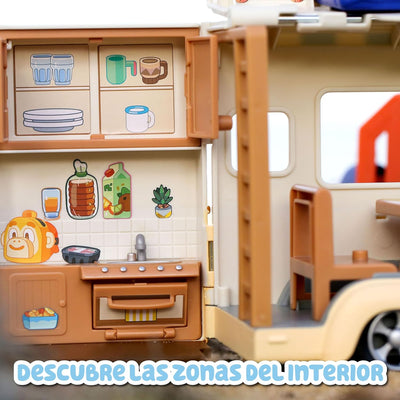Bluey - Campervan, Urlaub Wohnwagen Spielzeug, 1 bewegliche Figur der Serie, 6 Campingzubehör und de