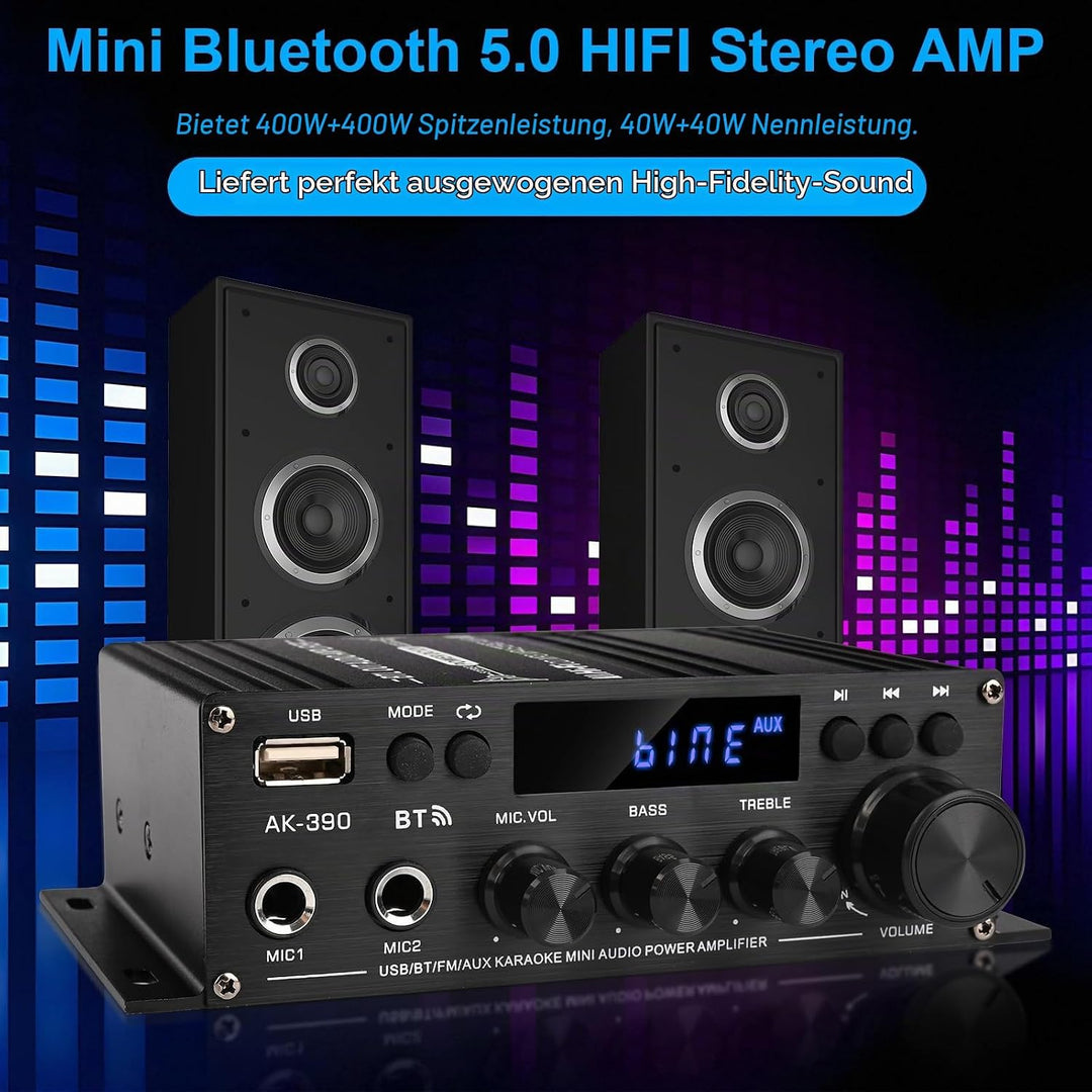 Romicta HiFi-Verstärker AK390, Mini Bluetooth Stereo-Audioverstärker Receiver 12V/ 220V 800W 2 Kanäl