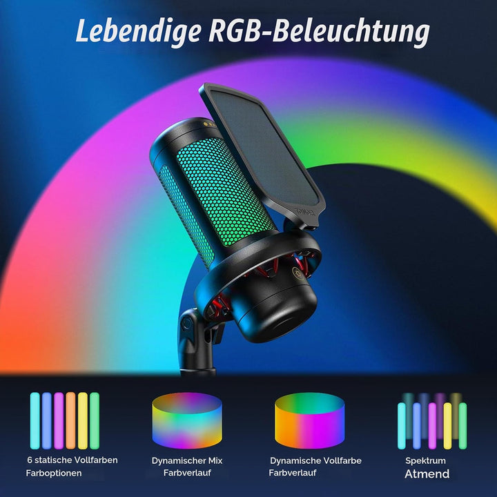 TONOR Gaming Mikrofon PC, USB Microphone für Computer PS4/5, Kondensatormikro mit RGB-Modi &amp; Helligk
