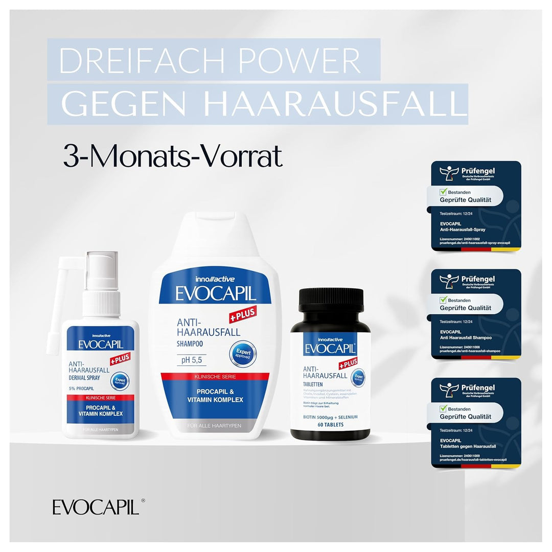 Evocapil Plus 3-Monatige Anti-Haarausfall-Behandlung – x3 Shampoo, x3 Spray & x3 Vitamine – Mit Proc