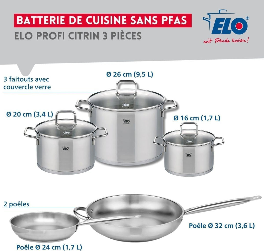 ELO 9507050 Kochgeschirr-Set, 5-teilig, 2 Bratpfannen 24 und 32 cm und 3 Kochtöpfe 16, 20 und 26 cm