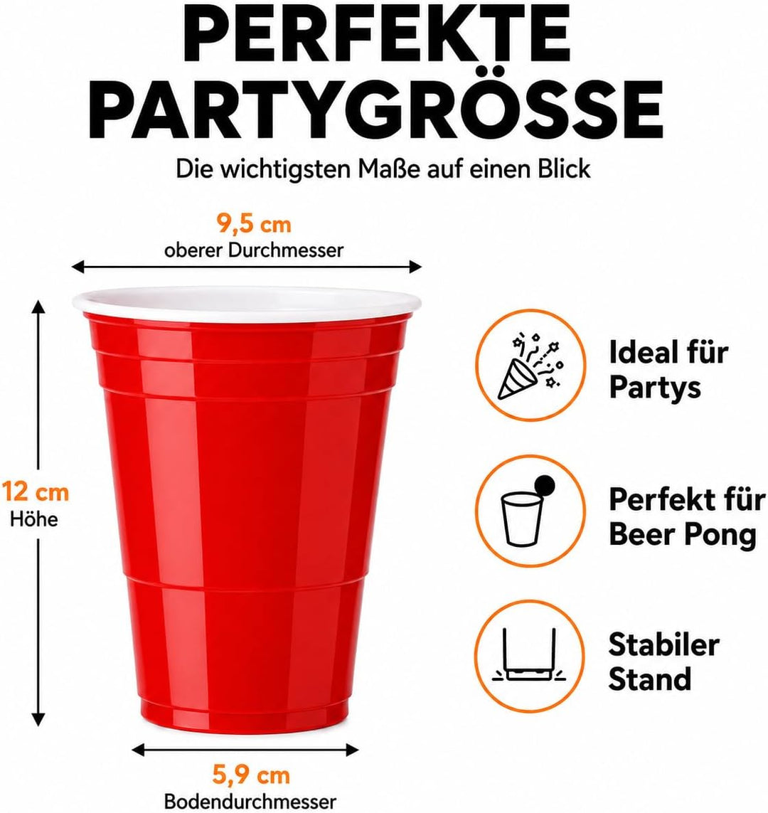 MYBEERPONG® Rotes Bierpong Becher Set | 100 Red Cups + 6 Beer Pong Bälle | 16 oz (~ 0,5 l) | Party B