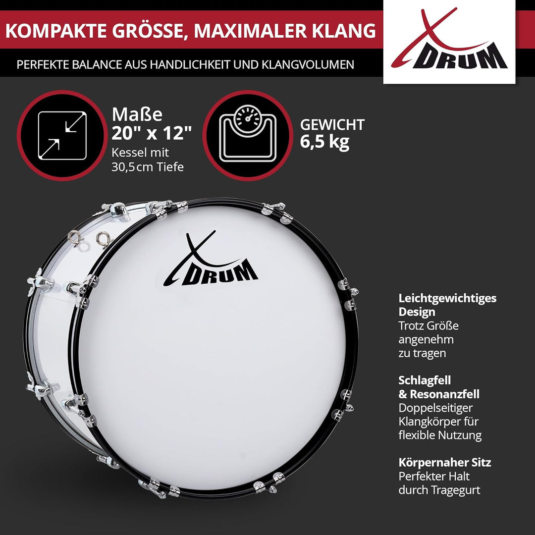 XDrum MBD-220 Marsch Bass Trommel, Fussball Pauke 20" x 12" (6,5 kg, 4 Ösen, Spannschrauben, inkl. P