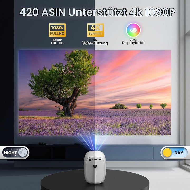 Lower Noise 4K-Beamer mit WLAN und BT5.2,EIN-klick-Zugriff Apps 3D-Audio | Automatischer Bildkorrekt