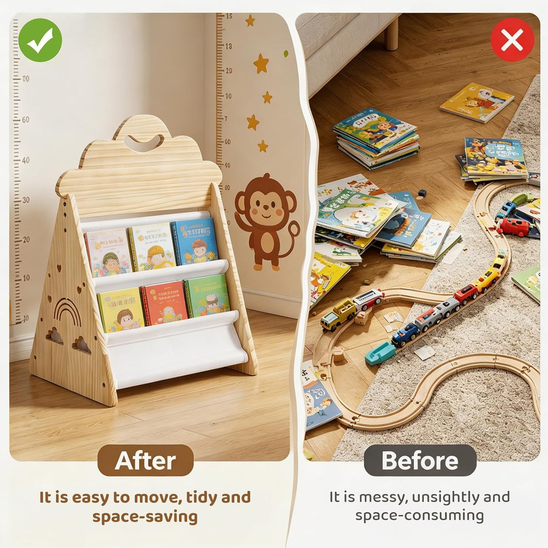 Bücherregal Kinder, Montessori Bücherregal Kinder Tragbar mit Griff, Doppelseitiges Holzregal Tragba