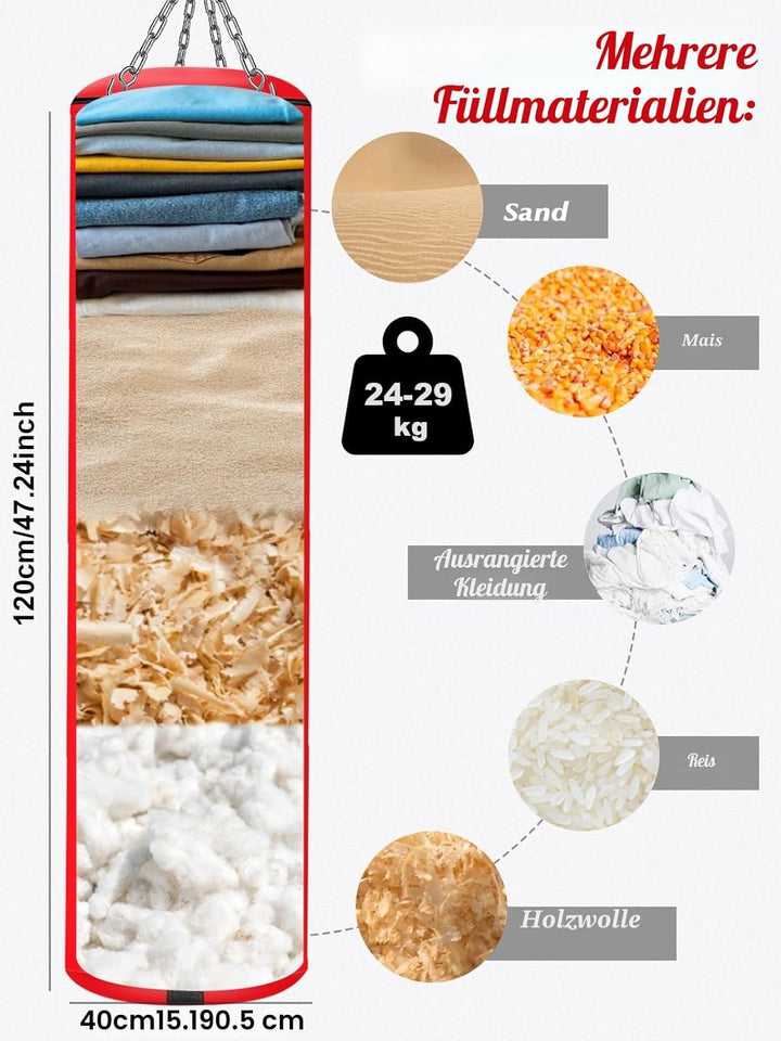 Hängendes Boxsack Set Ungefüllt für Erwachsene- Mikrofaser Leder Boxsack mit Komplett Zubehör, Stabi