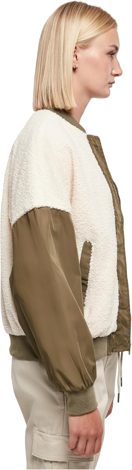 Urban Classics Damen Ladies Oversized Sherpa Mixed Bomber Jacket M whitesand/darkolive, M whitesand/