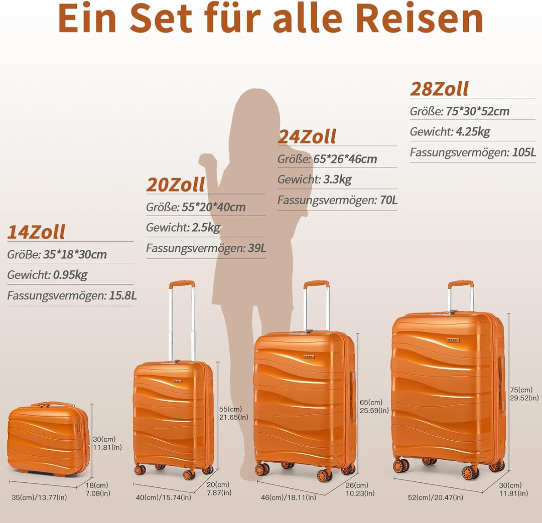 KONO Handgepäckkoffer 56cm Leicht Reisekoffer aus Polypropylen Hartschale Koffer mit 4 Rollen und TS