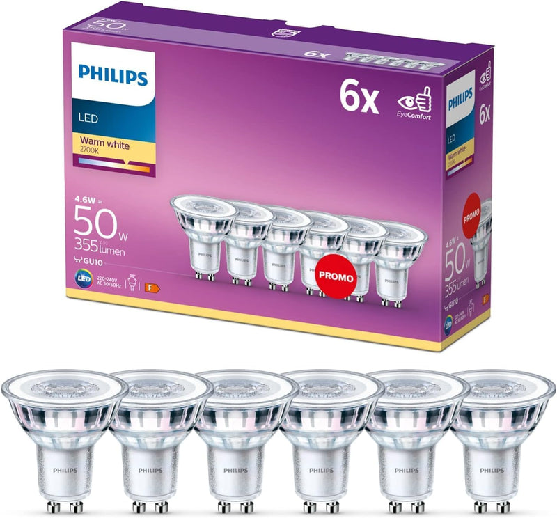 Philips LED Classic GU10 Lampen 6-er Pack (50 W), Reflektor LED Spots mit warmweissem Licht, energie