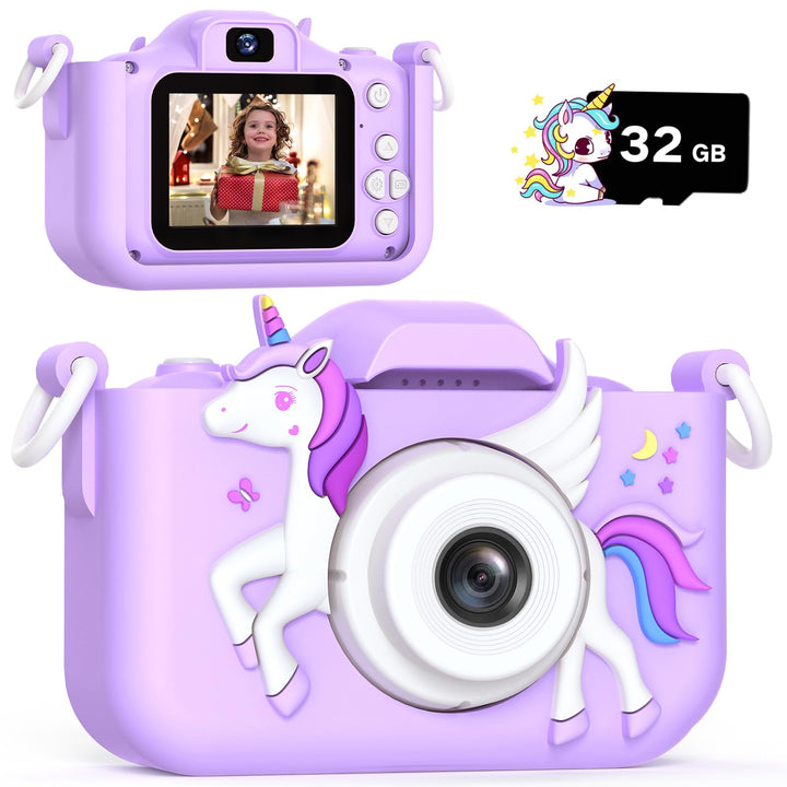Einhorn Kinderkamera, Weihnachten Geburtstag Geschenke für Mädchen Jungen Alter 3-12, 1080P HD Selfi