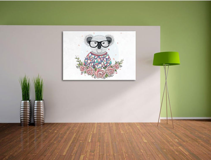 Pixxprint Hipster Koala mit Rosen als Leinwandbild/Grösse: 100x70 cm/Wandbild/Kunstdruck/fertig besp
