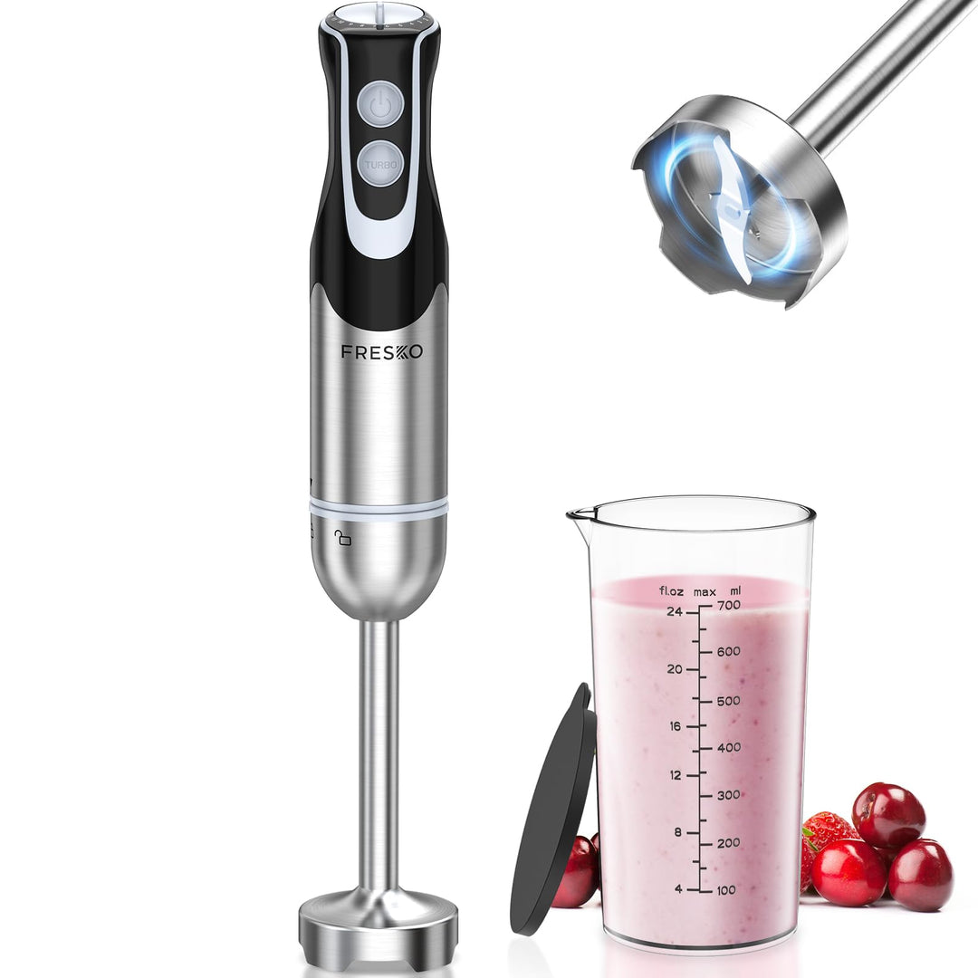 FRESKO Stabmixer, 1000W Edelstahl pürierstab mit 12 Geschwindigkeitsstufen, TURBO-Taste, 700ml Beche
