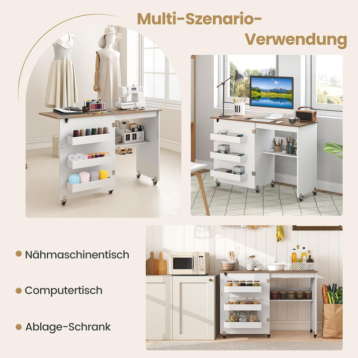 COSTWAY 2 in 1 Nähtisch klappbar, Nähmaschinenschrank aus Holz mit Regalen & Ablagefach, Nähschrank