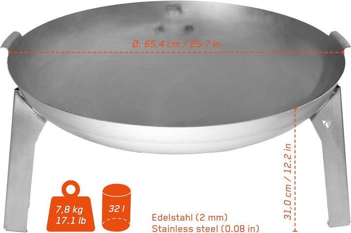 FENNEK Feuerschale 3 Pod | Grosse Feuerstelle aus 2,0 mm temperaturbeständigem Edelstahl | Ø 65 cm |