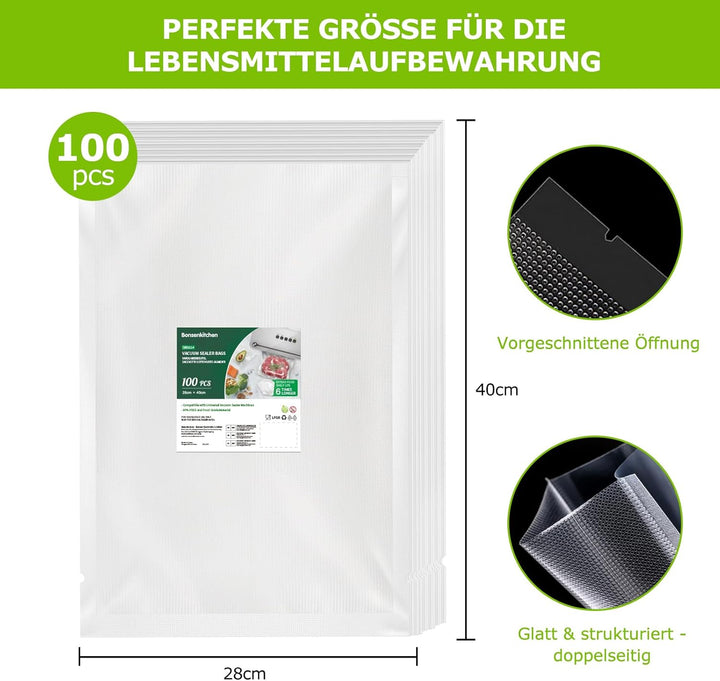 Bonsenkitchen Vakuumierbeutel 28x40 cm, 100 Beutel Profi-Folienbeutel für alle Vakuumiergerät, vakuu