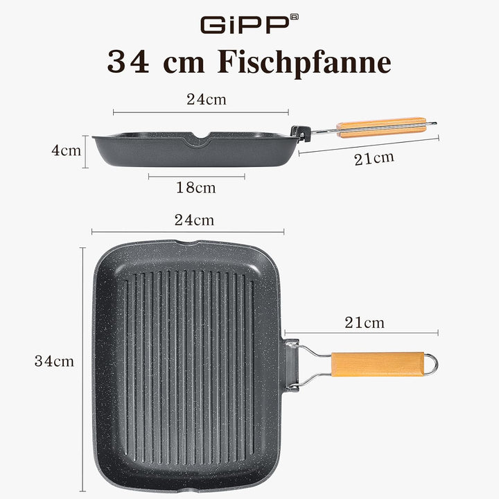GiPP Antihaftbeschichtete Grillpfanne mit klappbarem Griff für Fleisch, Fisch und Gemüse, für alle H
