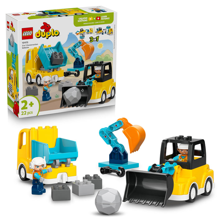 LEGO DUPLO 3-in-1 Baufahrzeuge - Pädagogisches Montessori Spielzeug für Kleinkinder mit Lastwagen, B
