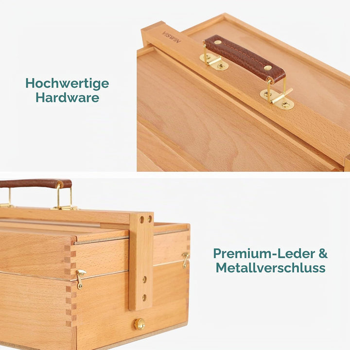 VISWIN Multifunktionale Tragbare Künstler-Aufbewahrungsbox aus Massivem Buchenholz mit Schublade, Dr