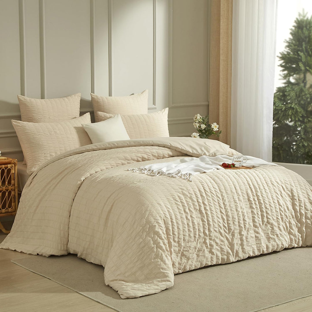 Seersucker Bettwäsche 135 x 200 Beige Khaki Sommer Uni Wende Gestreifte Sommerbettwäsche Microfaser