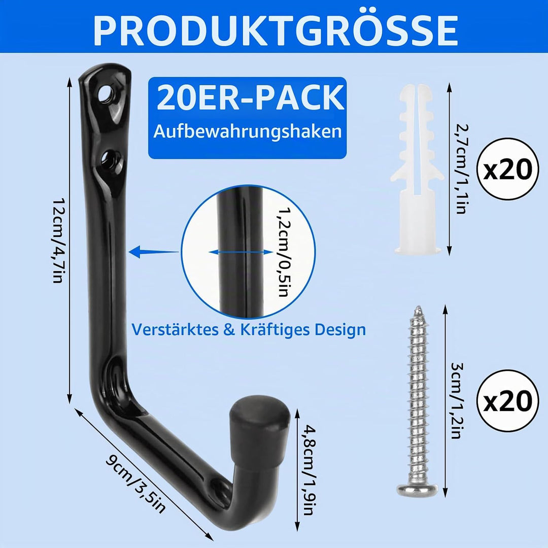 AKOLAFE 20 Stück Garage Leiterhaken 12cm Schwarz Wandhaken Edelstahl 120x 90 mm Schwerlast 20kg Robu