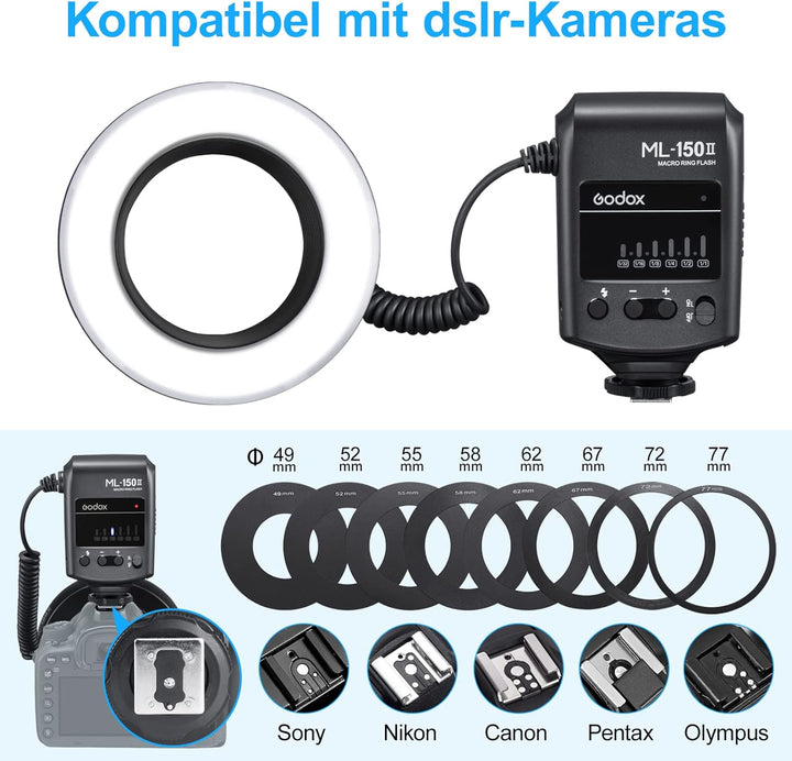 Godox ML150II Tragbarer LED Makroringblitz Ringblitzleuchte Set6-stufige Leistungswahl (1/32-1/1) 58