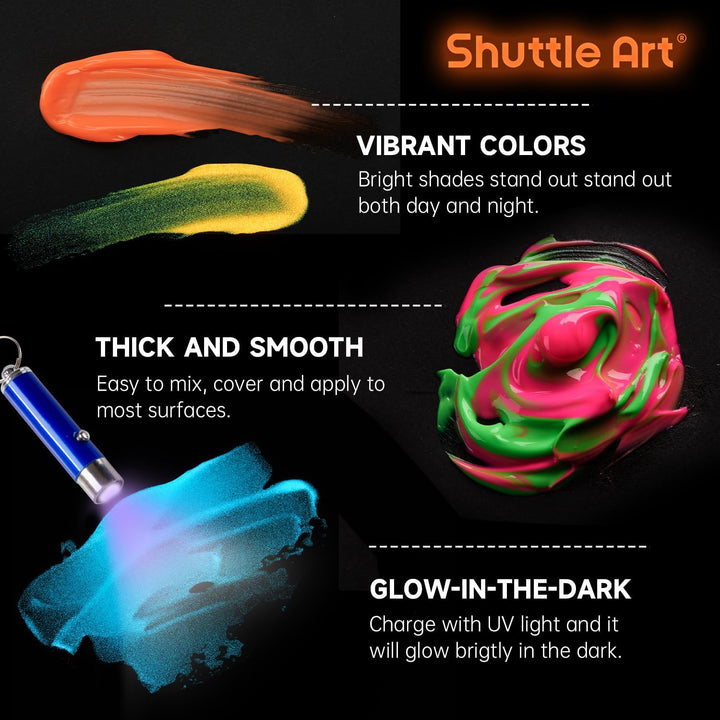 Shuttle Art Fluoreszierende Farbe, 12×60ml Leuchtfarben nachtleuchtend, Glow in the Dark nachtleucht