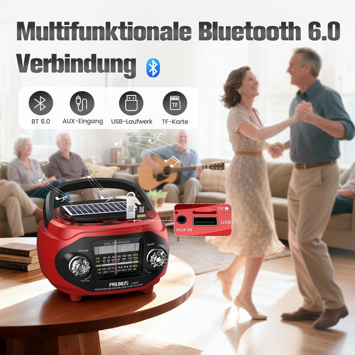 PRUNUS J-666 FM/AM/SW Retro Radio mit Bluetooth, Tragbares Radio mit 1800mAh Akku, Solar/USB-C Aufla