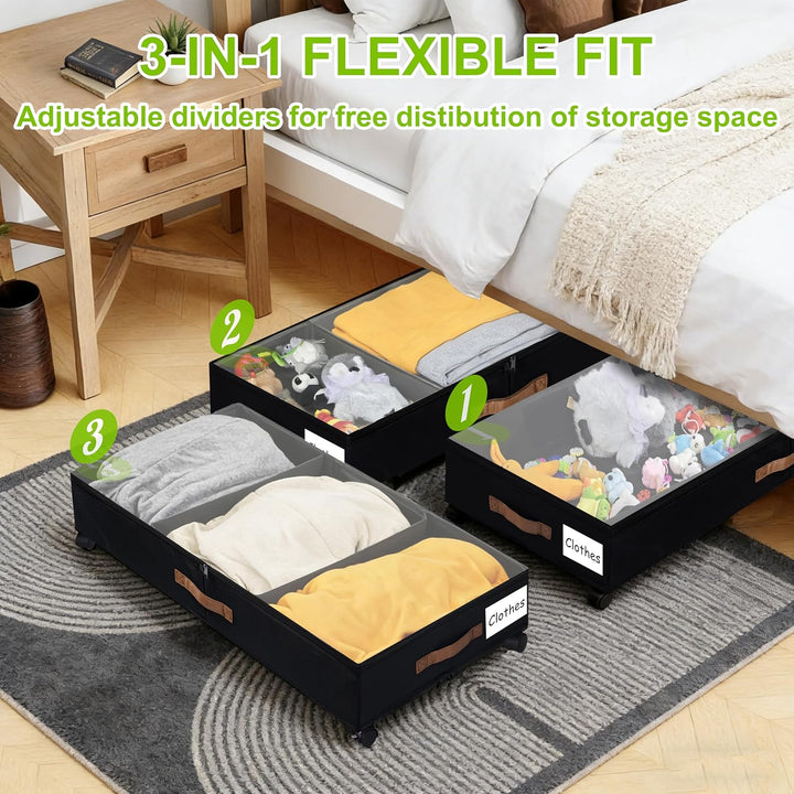 2 Stück Unterbett Aufbewahrungsbox 50L Unterbettkommode mit Rollen & Verstellbar Trennwand Bettkaste