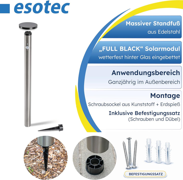 esotec Edelstahl Solarleuchte Aussenlampe mit Bewegungsmelder Cortona, H=80cm, 3 Leuchtmodi, 30 LEDs